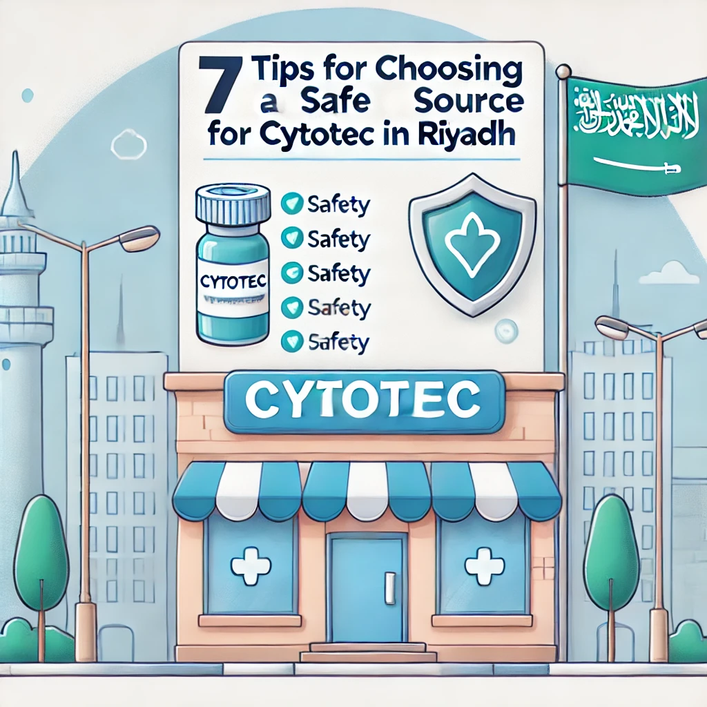 قائمة تحتوي على 7 نصائح لاختيار المصدر الآمن لحبوب سايتوتك في الرياض، مع خلفية صيدلية ورمز الأمان وعلم المملكة العربية السعودية