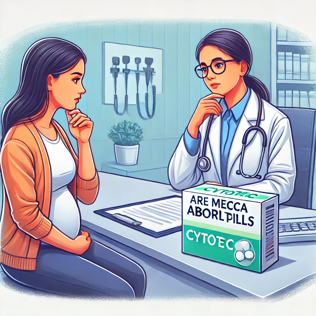 صورة لطبيبة تقدم استشارة لامرأة حامل مع علبة دواء مكتوب عليها "Cytotec"، تتعلق بسلامة حبوب اجهاض مكه.